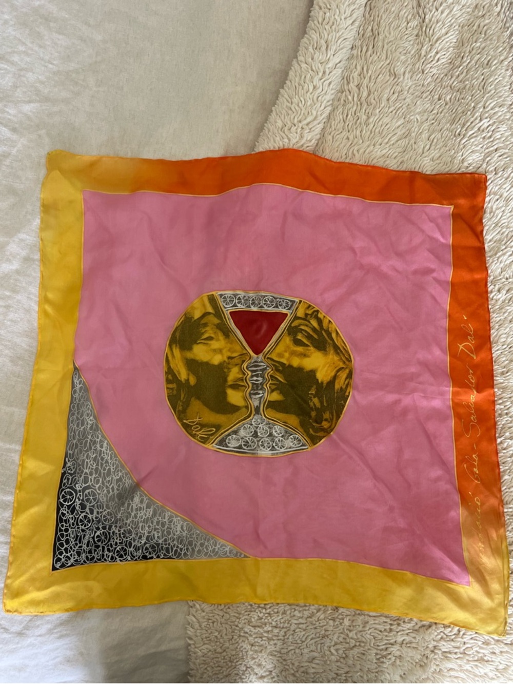 Hand Painted Pink Silk Scarf with Yellow and Orange Border